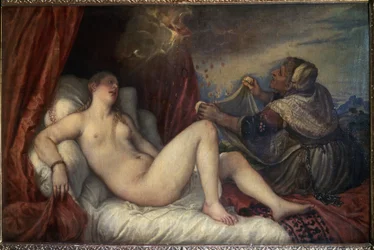 Danaë. Greek mythology: Zeus appears to Danaë in the form of a shower of gold coins to seduce her. Painting by Tiziano Vecellio, called Titian (Vecelli or Tiziano da Cadore)
