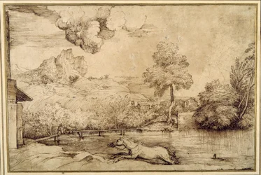 Landscape: a riderless horse pursued by a serpent