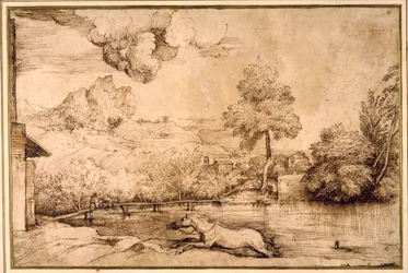 Landscape: a riderless horse pursued by a serpent