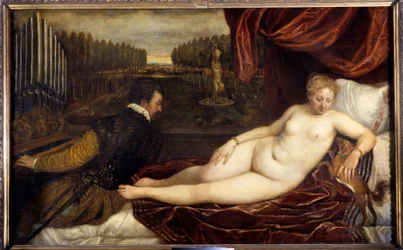 The Concert. A nude woman lies near a man playing the organ.