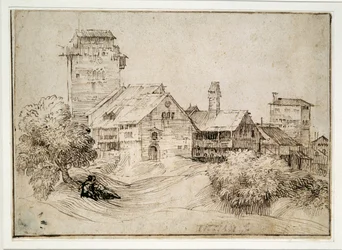 Landscape with buildings and lovers, embracing, after Titian