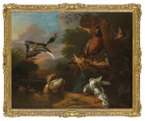 A pheasant, pigeons, ducklings, and kingfishers with a mallard taking flight at a wooded pool, a landscape beyond