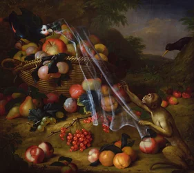 Mixed Fruit with a Monkey, a Parrot, a Jay and Two Finches in a Landscape