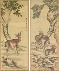 Symbols of Longevity: Deer under Peach and Pine