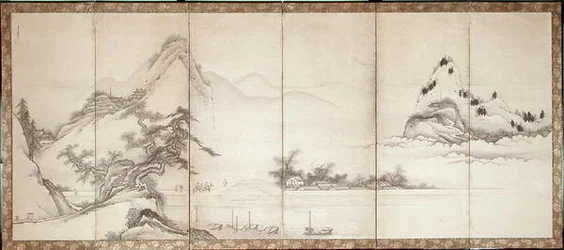 Travellers on a lakeside bridge, c.1700