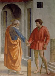 Saint Peter Hands the Tribute to the Tax Collector, After He Has Found the Coin in the Mouth of a Fish, as Jesus Predicted