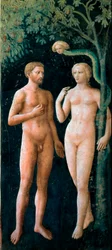 The Temptation of Adam and Eve. Fresco by Tommaso di Cristofano Fini, known as Masolino da Panicale (1383-1440), 1424-1425. H. 208 x 88 cm. Florence, Chiesa di Santa Maria del Carmine, Cappella Brancacci