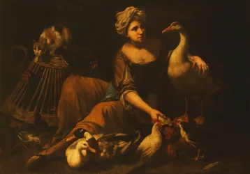 A Girl Feeding Cockerels, with a Cat on a Basket, a Goose, Duck and other Birds