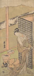 An Oiran in Night Attire, Pausing, with One Hand on the Screen that Surrounds Her Bed