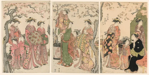 Courtesans and Their Child Attendants under Blossoming Cherry Trees