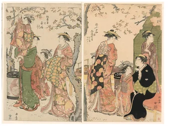 Courtesans and Their Child Attendants under Blossoming Cherry Trees