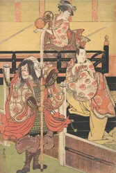 On a Balcony a Woman is Seated Playing a Tsuzumi, below a Man in Daimyo Costume is Seated, ca. 1790