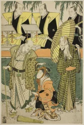 The Actors Bando Matakuro IV as Chubei, Osagawa Tsuneyo II as Umegawa, and Nakamura Katsugoro as Magoemon, in the play "Keisei Koibikyaku," performed at the Morita Theater in the fifth month, 1783