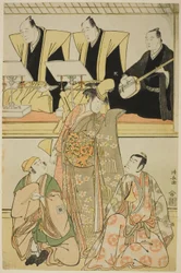 The Actors Nakayama Kojuro VI as Chidori, Sawamura Sojuro III as Shigemori, and Ichikawa Yaozo III as Yoshibei, in the Shosa "Fukyoku Edo Geisha," Performed at the Nakamura Theater in the Eleventh Month, 1785