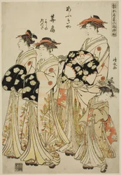 The Courtesan Hanaogi of the Ogiya with Her Attendants Yoshino and Tatsuta, from the series "Models for Fashion: New Designs as Fresh as Young Leaves (Hinagata wakana no hatsu moyo)"