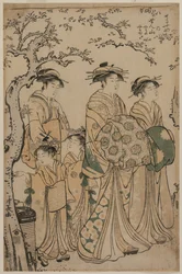 The Courtesan Senzan of Chojiya Strolling with her Kamuro Yasono and Yasoji and Two Shinzo, 1786