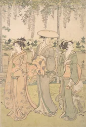 Three Women and a Small Boy beneath a Wisteria Arbor on the Bank of a Stream