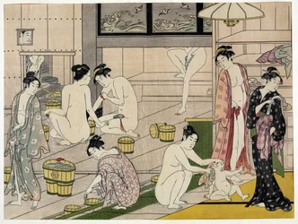 Women in a public bath. Japanese print by Torii Kiyonaga (1752-1815), circa 1785. Torii School (ukiyo-e or ukiyoe).