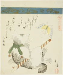 Cat Playing with a Toy Butterfly, from the series "Thirty-six Pictures of Birds"