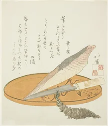 Wasabi Root with Dried Bonito and Knife on a Lacquer Tray