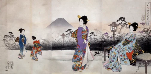Japanese women walking in front of Mount Fuji. Japanese print by Toyohara Chikanobu (1896)