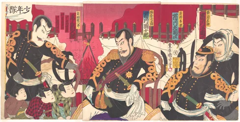 Ichikawa Kodanji as Seppu Shinsuke, Ichikawa Sadanji as Kishino Toshiaki, Ichikawa Danjūrō as Saijō Takamori, Onoe Kikugorō as Kurata Shinpachirō, Nakamura Chūtarō as Shōtarō, Onoe Kikunosuke as Magoichi, and Ichikawa Kōsaku as Tokumaru in the play Okige n
