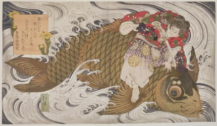 Oniwaka Mara (Little Demon) overcoming a giant carp, scene from the life of the 12th century hero Benkei, c.1830