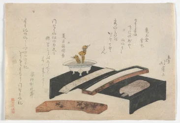 Surimono illustrating a writing desk, Edo period, c.1800-10