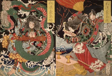 Tawaraya Tda and a Dragon and Ono no Komachi Praying for Rain from the series Valour in China and Japan, 1868