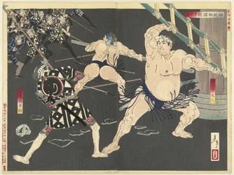 Fight Between Firemen and Sumo Wrestlers at the Shinmei Temple (New Brocades from the East)