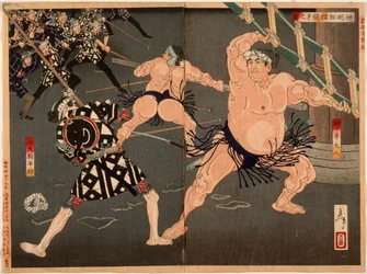 Yotsuguruma Daihachi and Kotengu Heisuke Duel during the Battle of the Wrestlers and the Firemen at Shinmei Shrine