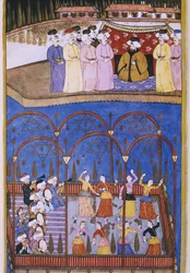 Dancers and musicians before the sultan and his court