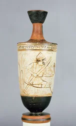 Attic White-Ground Lekythos Decorated with Charon Receiving the Soul of a Dead Person