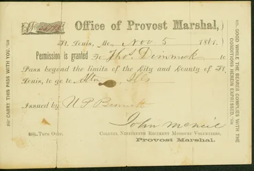 Military pass of Thomas Dimmock, signed U.P Bennett, November 5, 1861