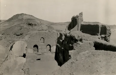 Large keep (qasr) of Monastery of St Simeon, view of passageway before its excavation, Aswan, Egypt