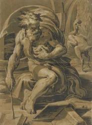 Diogenes, Seated Before His Barrel, Reading from a Book, a Plucked Hen Standing Behind, ca. 1527-30