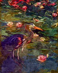 Painterly Heron Water Lilies