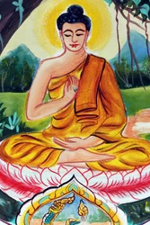 20151029, Vientiane, Laos: Wat Inpeng Buddhist temple. Painting depicting the life story of Shakyamuni Buddha. The Teaching Buddha depicts a particular moment in the life of the Buddha, namely, the first sermon the Buddha gave after reaching Enlightenment