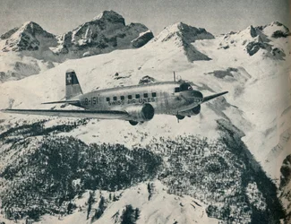 A Swissair plane flying near St Moritz Aerodrome, Switzerland