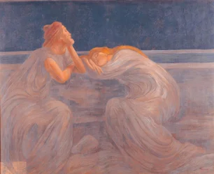 A Couple of Women Wearing Blue and Gray Gowns Sleep in the Night Leaning on a Balustrade and Sitting on a Bench