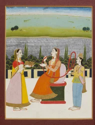 A lady seated smoking on a terrace, with two attendants