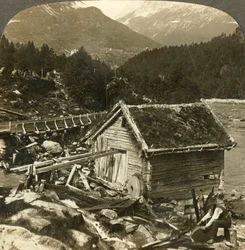 A Log-Built Mill and a Water-Wheel Grindstone, on Stalheims River, Naerodal, Norway