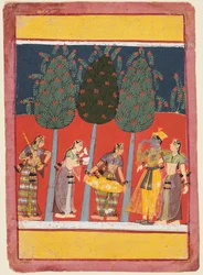 A Page from a Rasikapriya Series: Krishna and Radha and the Sakhis with Musical Instruments, c. 1650