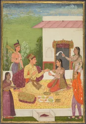 A prince conversing with a woman while taking refreshments on a terrace, 1710-1720