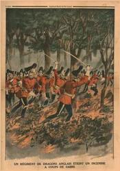 A regiment of English dragoons puts out a fire with sabre blows, 1914