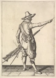 A soldier pulling out the ramrod from its holder, from the Musketeers series, plate 25