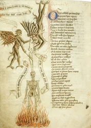 A soul pulled from his corpse by a demon. From The Scale of Perfection by Walter Hilton, ca. 1460