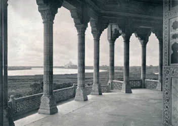Agra. Balcony of the Jasmine Tower, showing the Taj
