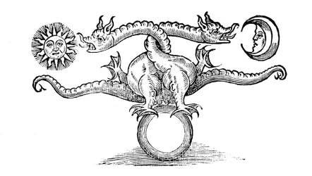 Alchemical symbol representing the transmutation of base metal into silver and gold, 1652