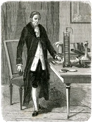 Alessandro Volta, Italian physicist, demonstrating his electric pile battery, c1800 c1870
